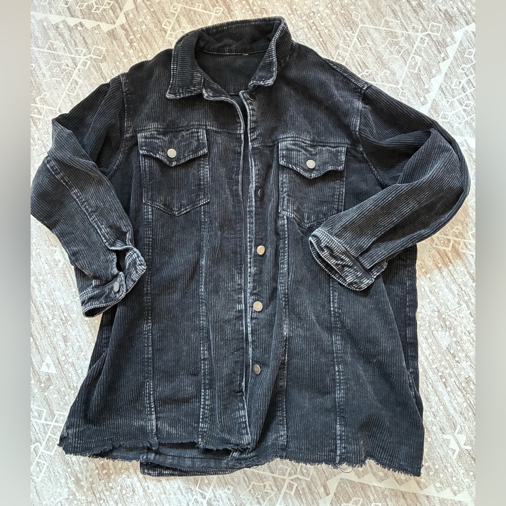 Black Corduroy Distressed Button Up Jacket Size Small Oversized